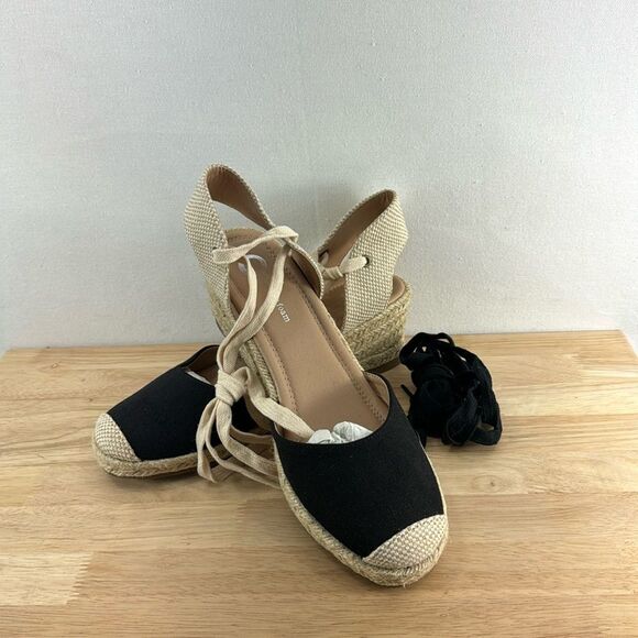 Journee Collection Monte Espadrille Wedge Sandal- Black- Size 8.5- NIB - Picture 1 of 7